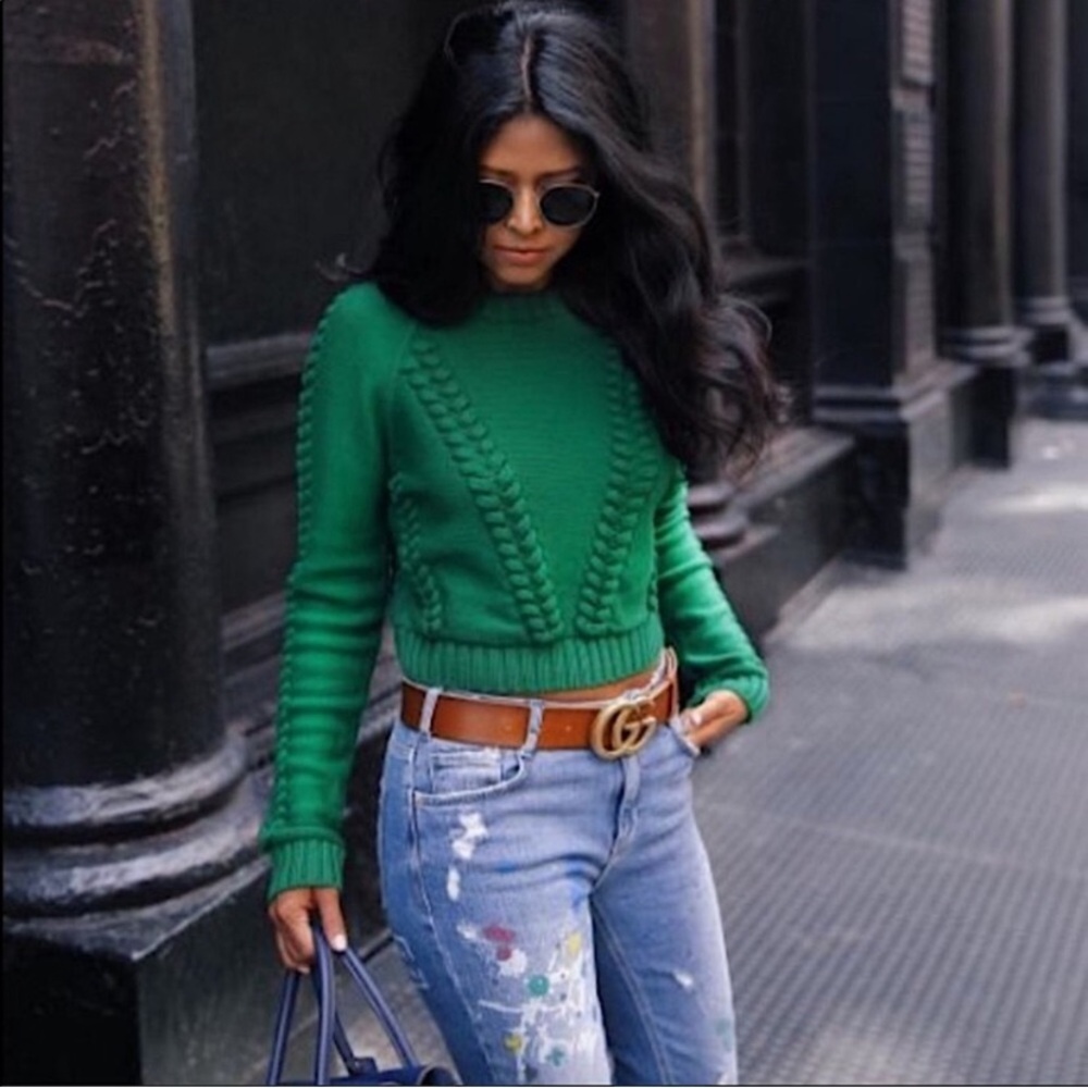 Milly Green Christmas Holiday Cropped Braid Stitch Wool Crop Cable Knit Sweater